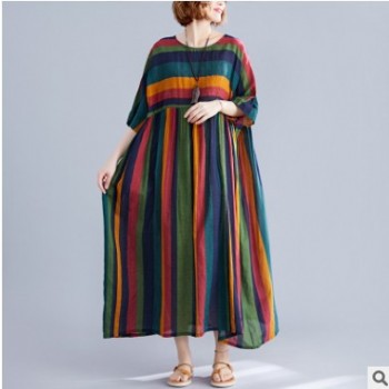 特 實拍2019夏季新品文藝大碼女裝胖MM200斤短袖條紋連衣裙