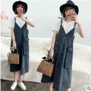 2019夏季韓版時尚大碼女裝胖mm寬松顯瘦大口袋牛仔吊帶裙潮