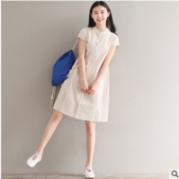 夏季文藝寬松大碼休閑中長(zhǎng)款短袖森女棉麻連衣裙