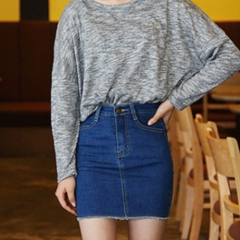 SKU春韓版百搭簡約顯瘦毛邊A字裙包臀一步裙高腰牛仔短裙女