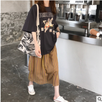 實拍2019新款chic休閑寬松百搭短袖印花T恤+條紋半身裙