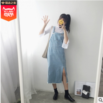 2019夏季新款韓版學生顯瘦中長款毛邊開叉連衣裙 牛仔背帶裙