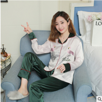 2019新品小天鵝春季開衫仿真絲印花女火烈鳥長袖睡衣套裝1913