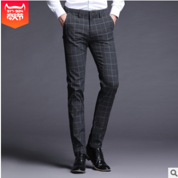2019秋季格子男式休閑褲 青年韓版男士長褲 時尚格紋小直筒褲子男