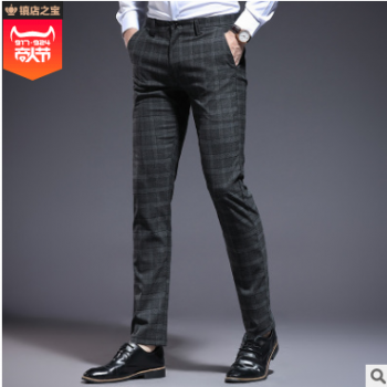 新款格子男士休閑 褲韓版時尚格紋男長褲 青年修身男褲子休閑褲男