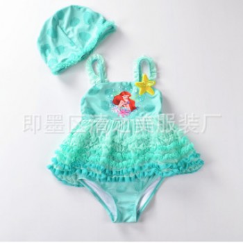 新款綠色蕾絲小人魚大擺連帽女童泳衣泳裝