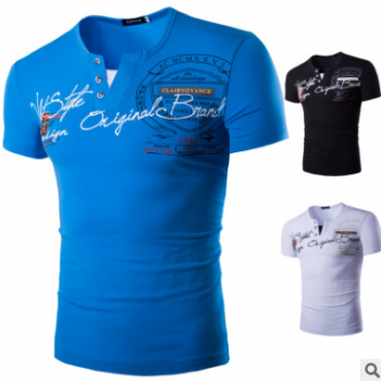 跨境貨源夏裝新款男式V領T恤歐美假兩件字母印花短袖打底衫男8825