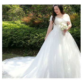 一件代發 大碼婚紗禮服新娘顯瘦一字肩拖尾200斤胖mm 加肥加大