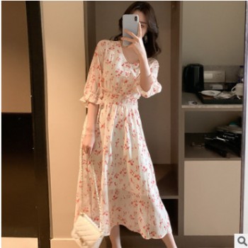 2019韓版夏天裙子仙女超仙森系V領高腰碎花連衣裙女中長款雪紡裙