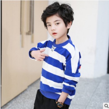 童裝男童T恤廠家直銷2019秋裝新款中大童男孩百搭條紋長袖打底衫