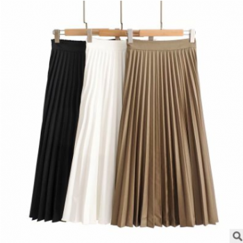 外貿2019歐美秋新款純色松緊腰西裝料壓軸裙半身裙長裙百褶裙女