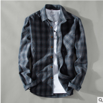 2019秋款跨境熱賣棉麻中國風簡約格子男士棉麻牛仔長袖襯衫GS903