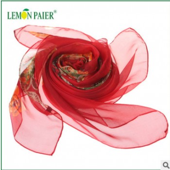 富貴紅牡丹雪紡桑蠶絲絲巾 現貨批發秋冬大紅圍巾 數碼印花長巾
