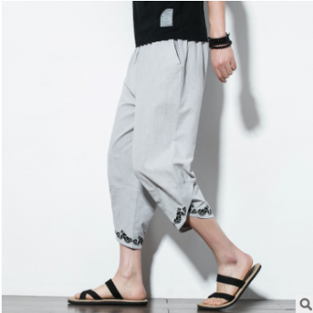 夏季男式7分休閑褲寬松薄款哈倫褲古風印花蘿卜褲大碼闊腿燈籠褲