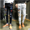 男士休閑牛仔長褲19復古龍刺繡彈力小腳牛仔褲潮男社會小伙牛仔褲