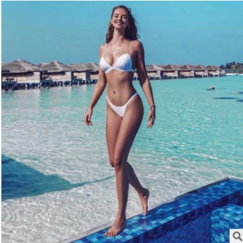 2019歐美沙灘分體比基尼跨境泳衣女純色泳裝新款Bikini一件代發