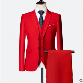 紅色西服套裝男士三件套夏季職業修身小西裝伴郎新郎結婚禮服大碼