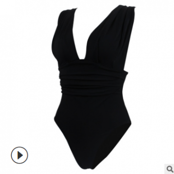 亞馬遜沙灘泳裝大V三角連體純黑色露背外貿游泳衣女雙肩溫泉度假