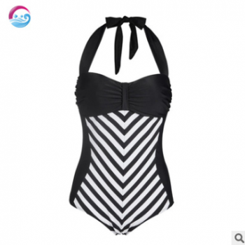 條紋連體泳衣三角修身顯瘦掛脖式歐美泡溫泉時尚泳裝女歐美速賣通