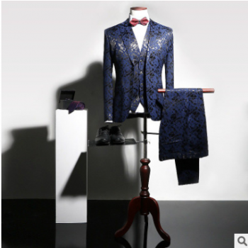 西服套裝男士三件套新郎禮服司儀主持印花西服馬甲套裝男影樓拍攝