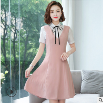粉色裙子女2019新款熱天飄逸中長裙 夏收腰顯瘦氣質(zhì)百搭A(yù)字連衣裙