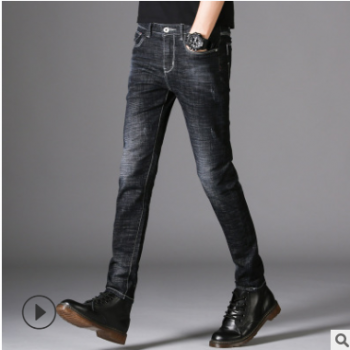 男式牛仔褲春秋季新款男士彈力小直筒修身韓版休閑青年中腰長褲