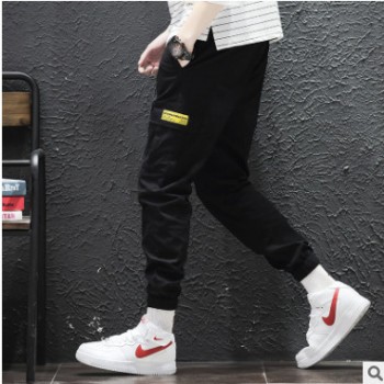 男式多口袋工裝潮褲2019春夏男士束腳休閑長褲時尚青少年學生男褲