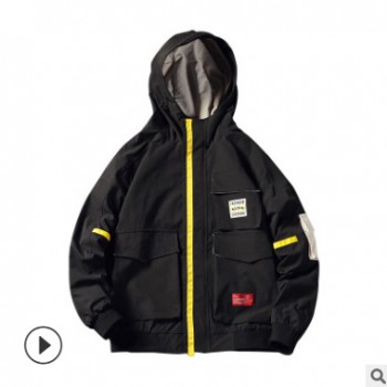 2019秋冬新款潮流時尚工裝男士外套連帽多口袋休閑男裝夾克衫上衣