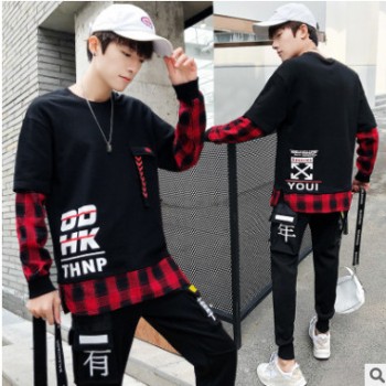 2019秋季新款拼格子衛衣套裝男少年學生時尚帥氣休閑兩件套男裝