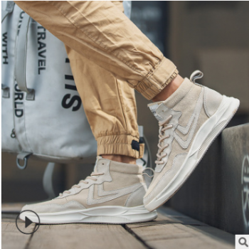 秋冬新款男鞋透氣馬丁靴豬皮帆布鞋男中高幫定制加絨潮鞋休閑板鞋