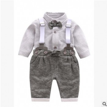 新生嬰兒兒衣服初生寶寶春裝男童兩件套網紅可愛超萌背帶褲兩件套