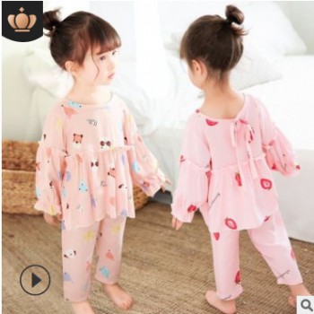 兒童睡衣夏季薄款棉綢女公主風可愛睡衣家居服套裝寶寶綿綢空調服