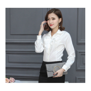 春秋韓版荷葉花邊長袖女襯衫修身職業裝OL打底女襯衣娃娃領白