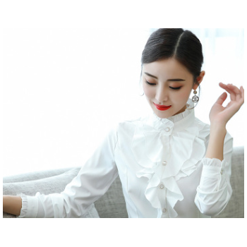 白色襯衫女加絨加厚秋冬長袖2018新款修身職業裝立領花邊襯衣