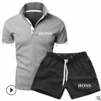 跨境專供男士短袖T恤+短褲時(shí)尚運(yùn)動(dòng)polo衫休閑套裝外貿(mào)新款套裝男