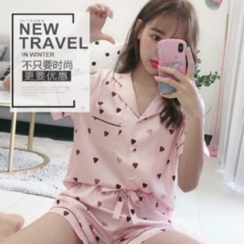睡衣女夏冰絲短袖短褲韓版清新寬松可外穿套裝學生甜美可愛少女
