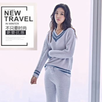 2020秋冬新款休閑舒適長袖睡衣女寬松V領女士家居服套裝現(xiàn)貨批發(fā)