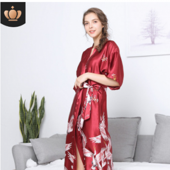 耀婷絲綢結婚睡衣睡袍女夏長款新娘晨袍伴娘紅色家居服浴袍 女580