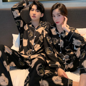 情侶睡衣女春秋款長袖冰絲韓版夏季男可愛家居服套裝仿真絲綢薄款