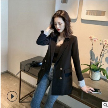 女士西裝外套韓版休閑寬松2020春秋新款雙排扣中長款小個子西服女