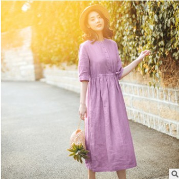 新款春夏文藝2020長裙子收腰顯瘦大碼遮肉氣質春秋紫色亞麻連衣裙