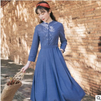 女裝春季2020新款長裙子改良版旗袍收腰顯瘦氣質長袖藍色連衣裙