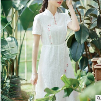 女裝原創設計夏季2020新款優雅氣質收腰系帶純棉連衣裙