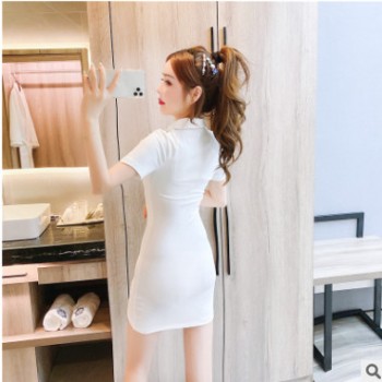 2020實拍夏裝新款法式少女小清新愛心扣子修身包臀打底連衣裙