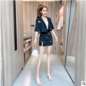 2020實拍新款夏季時尚洋氣蝴蝶結上衣緊身吊帶包臀開叉短裙套裝