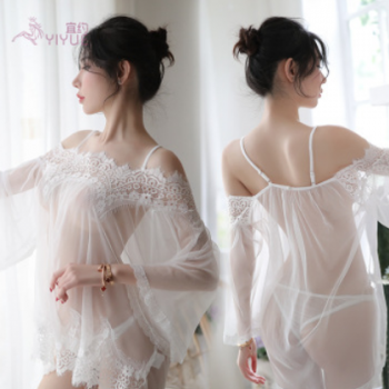 宜約歐美外貿性感露肩蕾絲情趣睡裙套裝透視網紗內衣女士睡裙9047