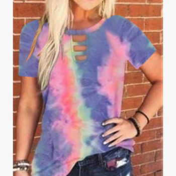 2020夏季新款亞馬遜wish歐美跨境女裝 圓領扎染豹紋印花短袖T恤女