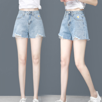 純棉小雛菊牛仔短褲女2020夏季新款高腰破洞毛邊闊腿外穿a字熱褲