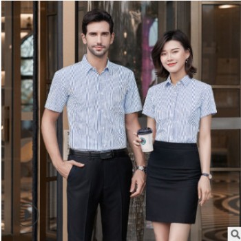 2020夏男女同款豎條紋襯衫短袖職業裝襯衣工作服男士正裝一件代發