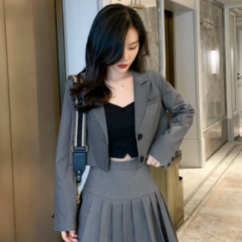 2020新款秋季短款小西裝外套女韓版學生修身百褶短裙西服上衣套裝